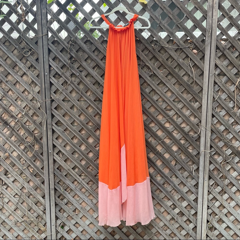 Saloni Iris Size 2 Crinkled Georgette Orange Pink Flowing Chiffon Maxi Dress